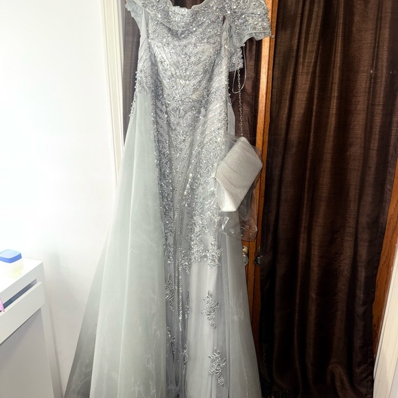 Andrea & Leo Couture
STYLE #MA103  Sz 10 Elegant Off-Shoulder Gray Evening Gown - Picture 9 of 16